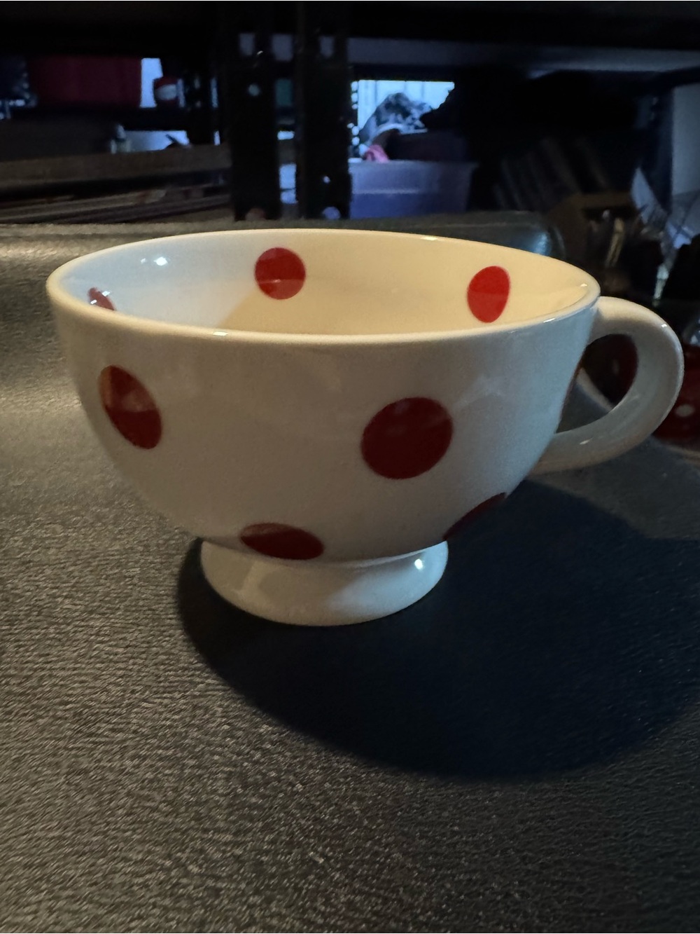 White Ceramic Teacup with Red Polka Dots